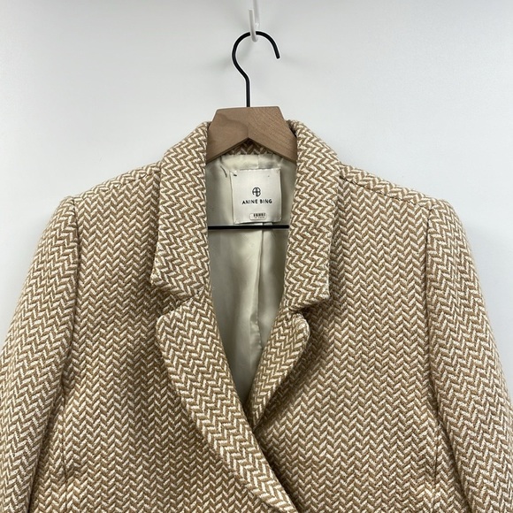 Anine Bing Tweed Fishbone Herringbone Double Breasted Blazer Jacket Tan Small - Picture 6 of 15